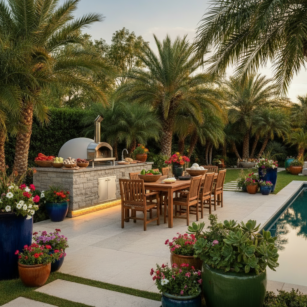luxury-pizza-oven-patio A luxurious modern backyard patio at golden hour featuring an expensive stainless-steel outdoor pizza oven built into a stone island, surrounded by lush greenery and colorful flowers in high-end ceramic planters, with a sleek dining table and soft ambient lighting, photographed in a sophisticated editorial style.