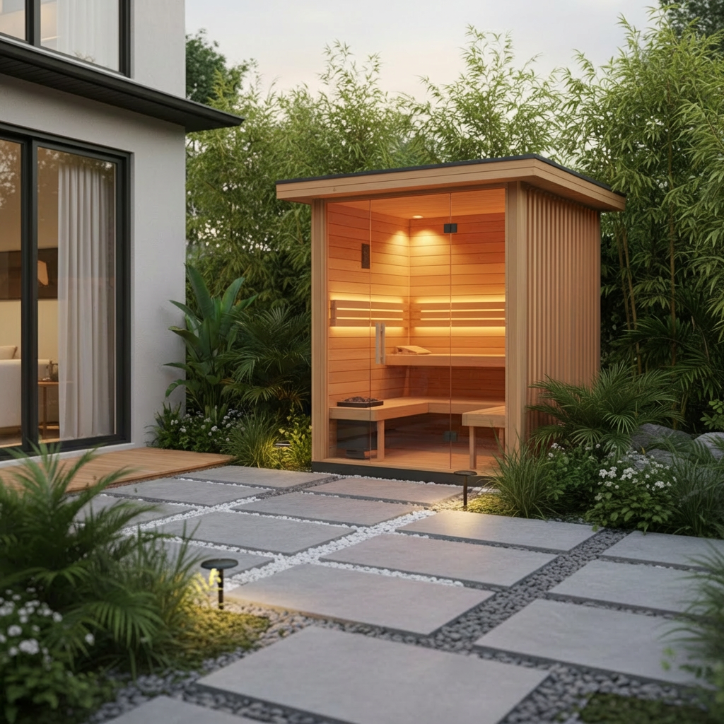 Picturesque modern backyard wellness corner featuring a small cedar sauna or gazebo-style structure with warm interior glow, surrounded by lush greenery and simple pavers, styled in the same clean, aspirational aesthetic as the rest of the Hearth & Canopy outdoor living imagery. Picturesque modern backyard wellness corner featuring a small cedar sauna or gazebo-style structure with warm interior glow, surrounded by lush greenery and simple pavers, styled in the same clean, aspirational aesthetic as the rest of the Hearth & Canopy outdoor living imagery.