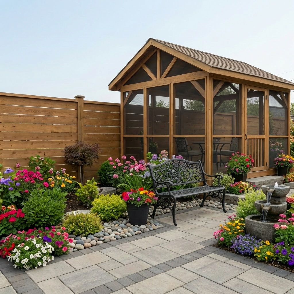 A side yard transformed into an organized outdoor storage zone, featuring a medium-sized resin storage shed in a light taupe color with darker trim, double doors closed, and a subtle woodgrain texture. Beside it, a low deck box with a cushioned top sits neatly under the overhang of a simple pergola extension, while labeled weatherproof storage bins line up along a gravel strip. Overcast daylight provides soft, even lighting, reducing harsh shadows and clearly revealing materials and joinery details. Captured with a slightly wide, eye-level composition and sharp focus from front to back, the mood is orderly and practical, emphasizing smart space use and durable materials in a realistic, professional photographic style perfect for storage buying guides.