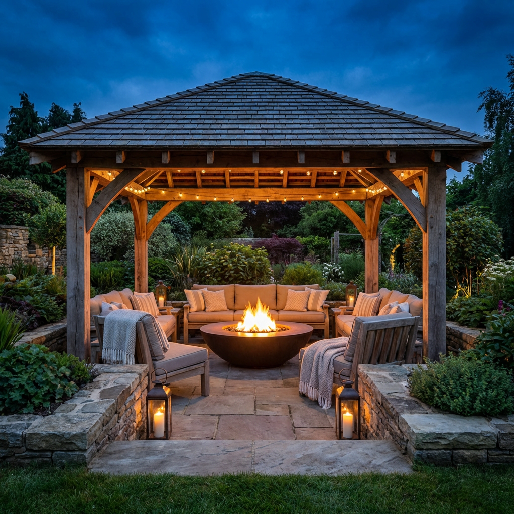 A wooden garden pavilion with a central fire pit, seating, and warm lighting at dusk.