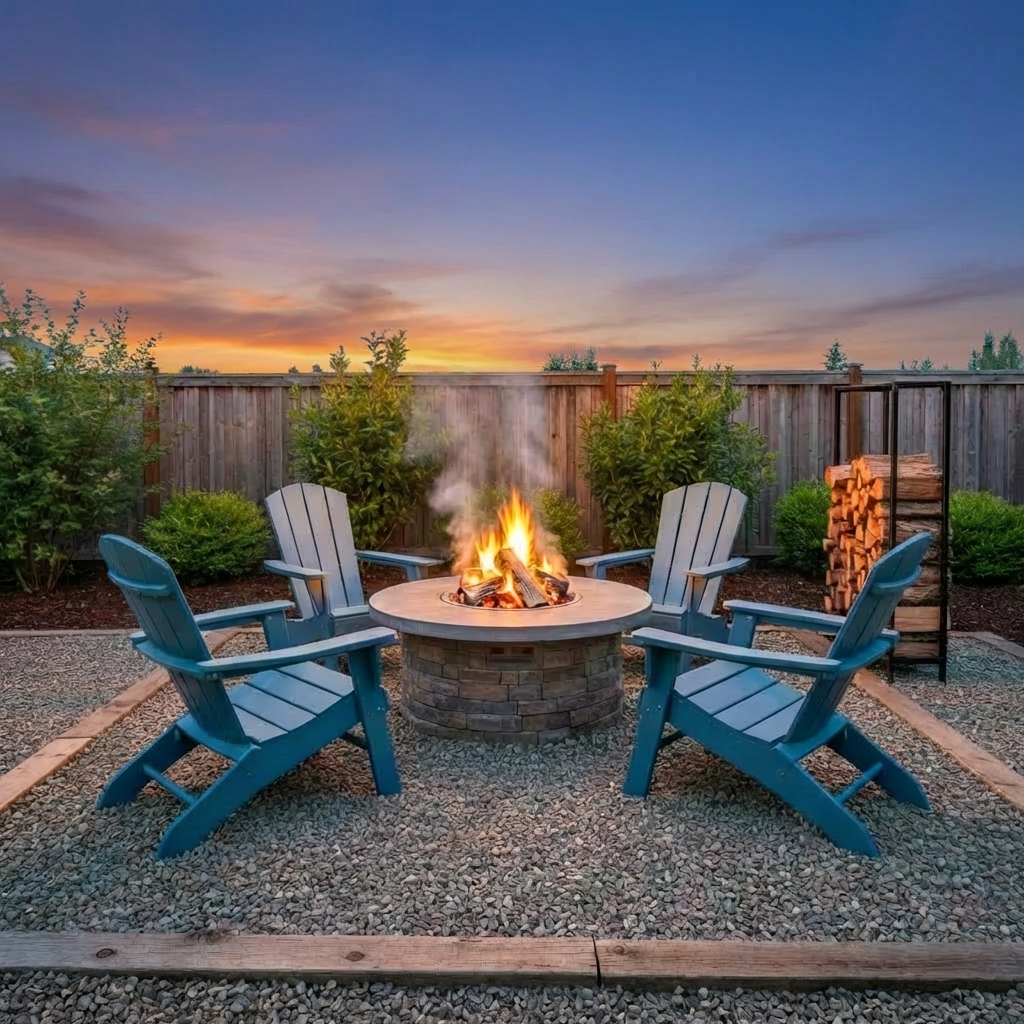 A cozy fire pit area centered around a circular, stone-veneered gas fire table with visible lava rock and a low, clean flame ring. The fire pit is surrounded by four Adirondack-style resin chairs in a slate-blue color, positioned on a pea gravel pad bordered by landscape timbers. Stacked firewood is neatly arranged in a metal rack nearby, even though the pit is gas, suggesting readiness for different options. Overhead, a simple wooden pergola frame supports string lights that are off in the early evening blue hour. Cool, diffused twilight mixes with the warm glow of the flames, creating a calm, inviting atmosphere. Photographic realism, eye-level shot with gentle bokeh on the distant fence and shrubs, ideal for illustrating backyard fire pit buying ideas.