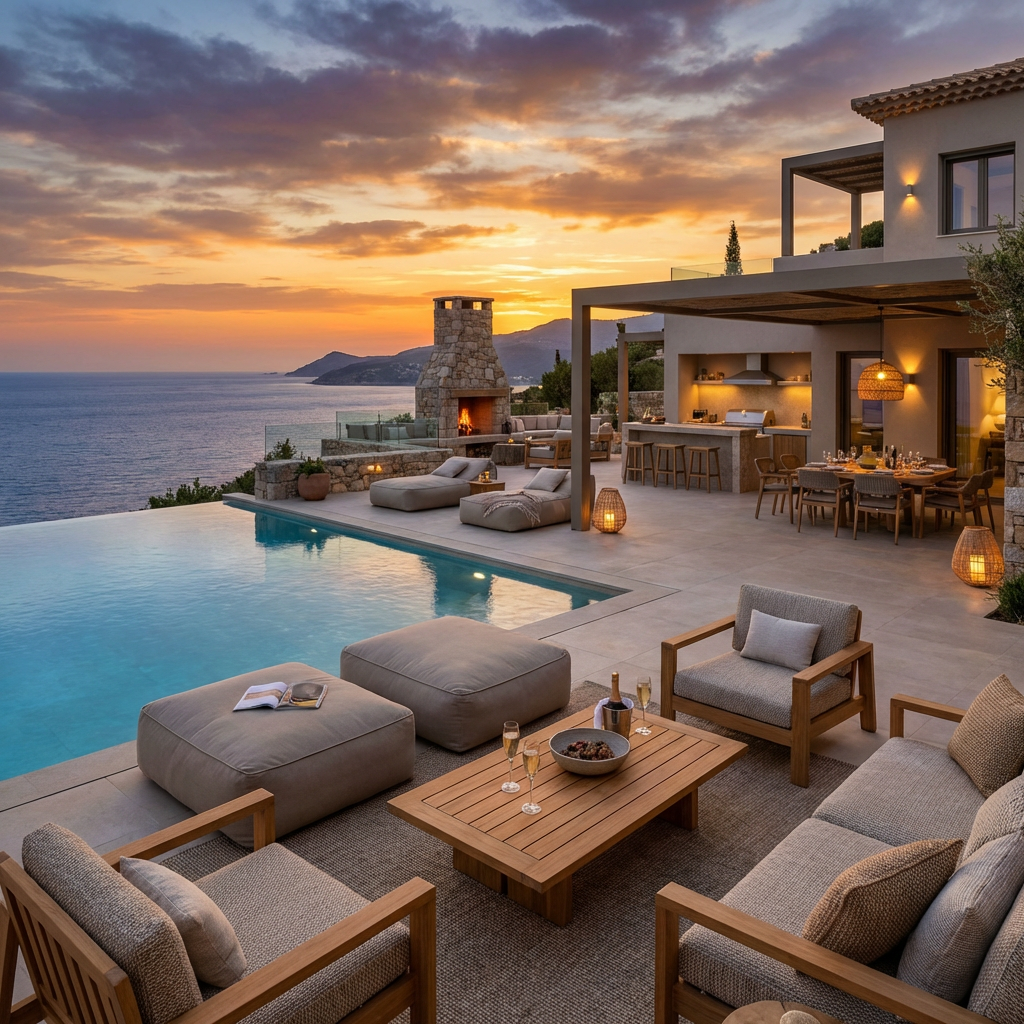 Outdoor living Upscale villa terrace with an infinity pool overlooking the sea at sunset.