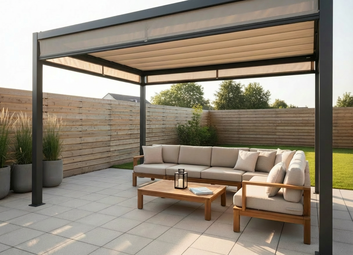 Outdoor living A modern backyard patio arranged beneath a sleek aluminum pergola with clean, charcoal-gray beams and a retractable beige fabric canopy partially extended. Beneath, a neutral-toned outdoor sectional with textured cushions surrounds a low teak coffee table holding a simple lantern and a closed buying guide booklet. Large potted grasses and a compact grill station sit at the edges of the paved area, leading to a small lawn and wooden fence. Captured at golden hour with soft, warm sunlight filtering through the canopy, casting linear shadows on the pavers. Photographic realism, eye-level composition with gentle depth of field, creating a professional yet welcoming mood that suggests practical, upgraded outdoor living without showing any people.