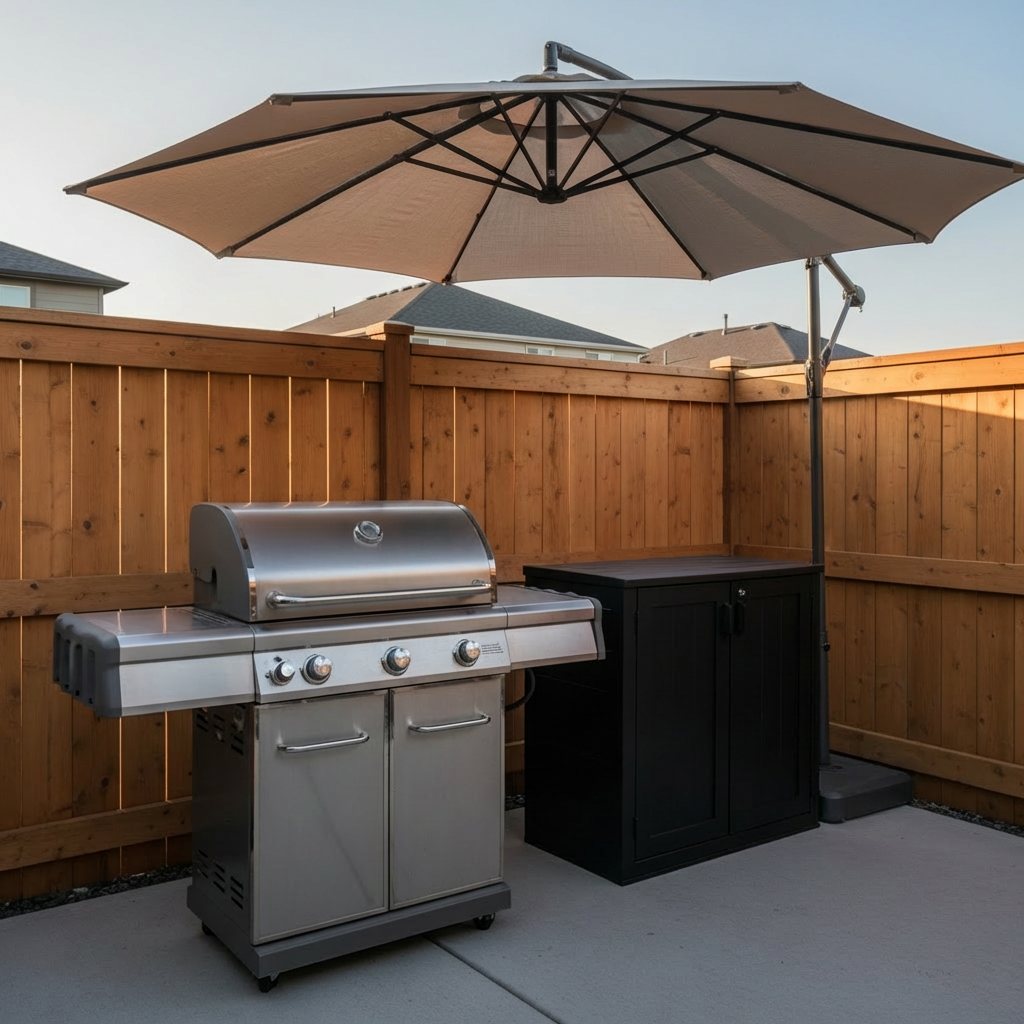 A compact suburban backyard setup featuring a stainless steel gas grill with three burners and clear, engraved control knobs, positioned on a smooth concrete pad beside a cedar privacy fence. Next to it, a black powder-coated steel storage cabinet with neatly closed doors sits under a cantilever patio umbrella in muted taupe fabric. The scene is lit by soft late-afternoon natural light, highlighting brushed metal textures and subtle reflections on the grill lid. Shot from a slightly elevated angle with sharp focus throughout, the composition feels balanced and informative, emphasizing product details and layout options for small outdoor cooking spaces in a realistic, professional photographic style.