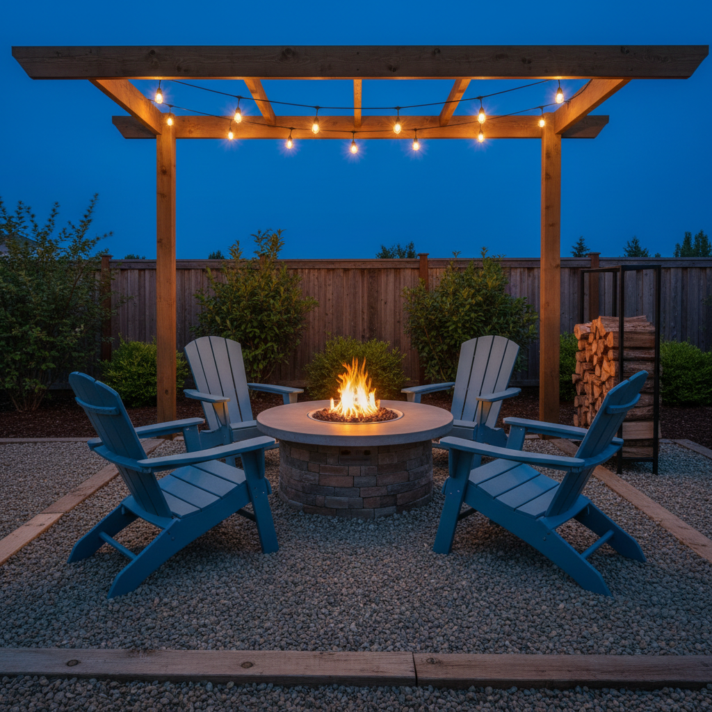 A cozy fire pit area centered around a circular, stone-veneered gas fire table with visible lava rock and a low, clean flame ring. The fire pit is surrounded by four Adirondack-style resin chairs in a slate-blue color, positioned on a pea gravel pad bordered by landscape timbers. Stacked firewood is neatly arranged in a metal rack nearby, even though the pit is gas, suggesting readiness for different options. Overhead, a simple wooden pergola frame supports string lights that are off in the early evening blue hour. Cool, diffused twilight mixes with the warm glow of the flames, creating a calm, inviting atmosphere. Photographic realism, eye-level shot with gentle bokeh on the distant fence and shrubs, ideal for illustrating backyard fire pit buying ideas.