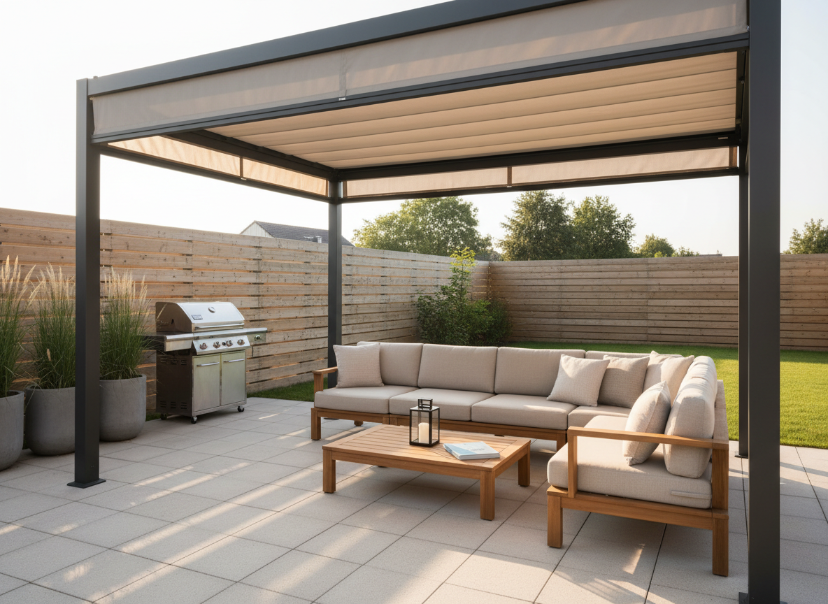 A modern backyard patio arranged beneath a sleek aluminum pergola with clean, charcoal-gray beams and a retractable beige fabric canopy partially extended. Beneath, a neutral-toned outdoor sectional with textured cushions surrounds a low teak coffee table holding a simple lantern and a closed buying guide booklet. Large potted grasses and a compact grill station sit at the edges of the paved area, leading to a small lawn and wooden fence. Captured at golden hour with soft, warm sunlight filtering through the canopy, casting linear shadows on the pavers. Photographic realism, eye-level composition with gentle depth of field, creating a professional yet welcoming mood that suggests practical, upgraded outdoor living without showing any people.