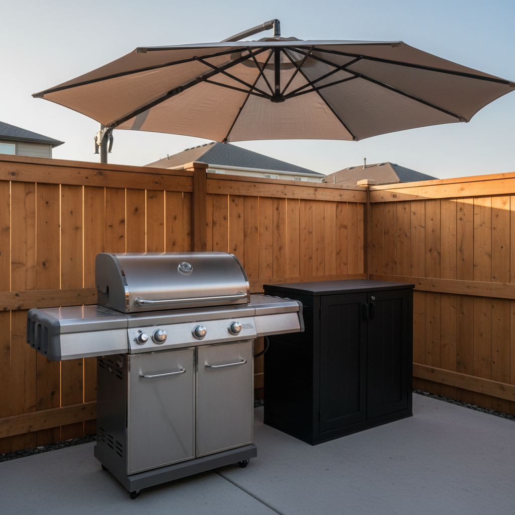 A compact suburban backyard setup featuring a stainless steel gas grill with three burners and clear, engraved control knobs, positioned on a smooth concrete pad beside a cedar privacy fence. Next to it, a black powder-coated steel storage cabinet with neatly closed doors sits under a cantilever patio umbrella in muted taupe fabric. The scene is lit by soft late-afternoon natural light, highlighting brushed metal textures and subtle reflections on the grill lid. Shot from a slightly elevated angle with sharp focus throughout, the composition feels balanced and informative, emphasizing product details and layout options for small outdoor cooking spaces in a realistic, professional photographic style.
