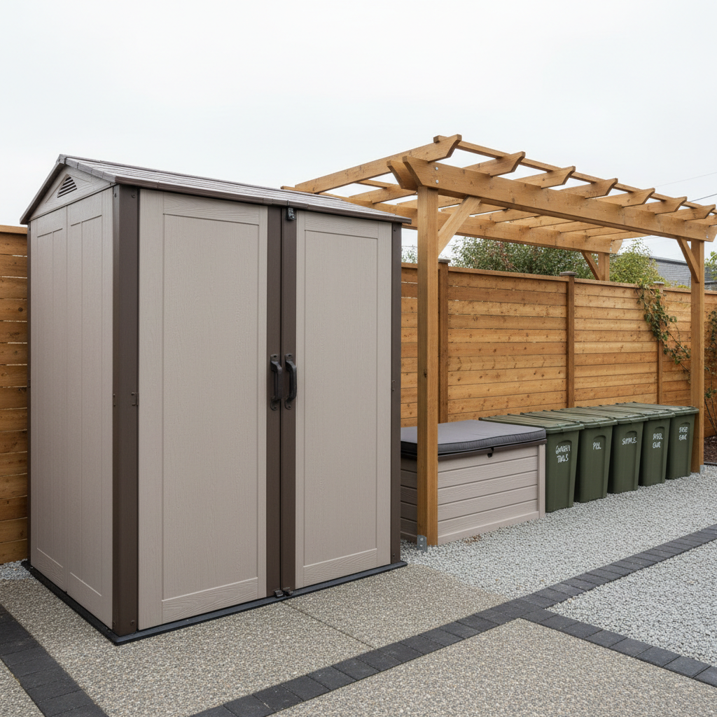 A side yard transformed into an organized outdoor storage zone, featuring a medium-sized resin storage shed in a light taupe color with darker trim, double doors closed, and a subtle woodgrain texture. Beside it, a low deck box with a cushioned top sits neatly under the overhang of a simple pergola extension, while labeled weatherproof storage bins line up along a gravel strip. Overcast daylight provides soft, even lighting, reducing harsh shadows and clearly revealing materials and joinery details. Captured with a slightly wide, eye-level composition and sharp focus from front to back, the mood is orderly and practical, emphasizing smart space use and durable materials in a realistic, professional photographic style perfect for storage buying guides.