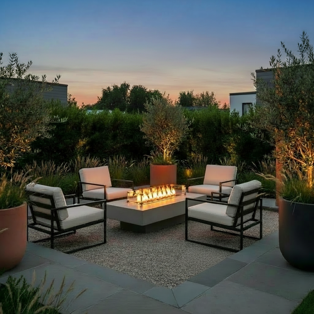 Elegant gas fire pit scene in a premium backyard, centered on a rectangular concrete-look fire table with a low, even flame and glass wind guard. Surrounding it, streamlined lounge chairs with neutral cushions and thin black frames sit on a gravel inset framed by large pavers. Planters in muted terracotta and charcoal hold grasses and olive-toned foliage; a simple wood pergola with warm string lights adds a soft glow in blue-hour light. Composition feels calm, uncluttered, and sophisticated. Elegant gas fire pit scene in a premium backyard, centered on a rectangular concrete-look fire table with a low, even flame and glass wind guard. Surrounding it, streamlined lounge chairs with neutral cushions and thin black frames sit on a gravel inset framed by large pavers. Planters in muted terracotta and charcoal hold grasses and olive-toned foliage; a simple wood pergola with warm string lights adds a soft glow in blue-hour light. Composition feels calm, uncluttered, and sophisticated.